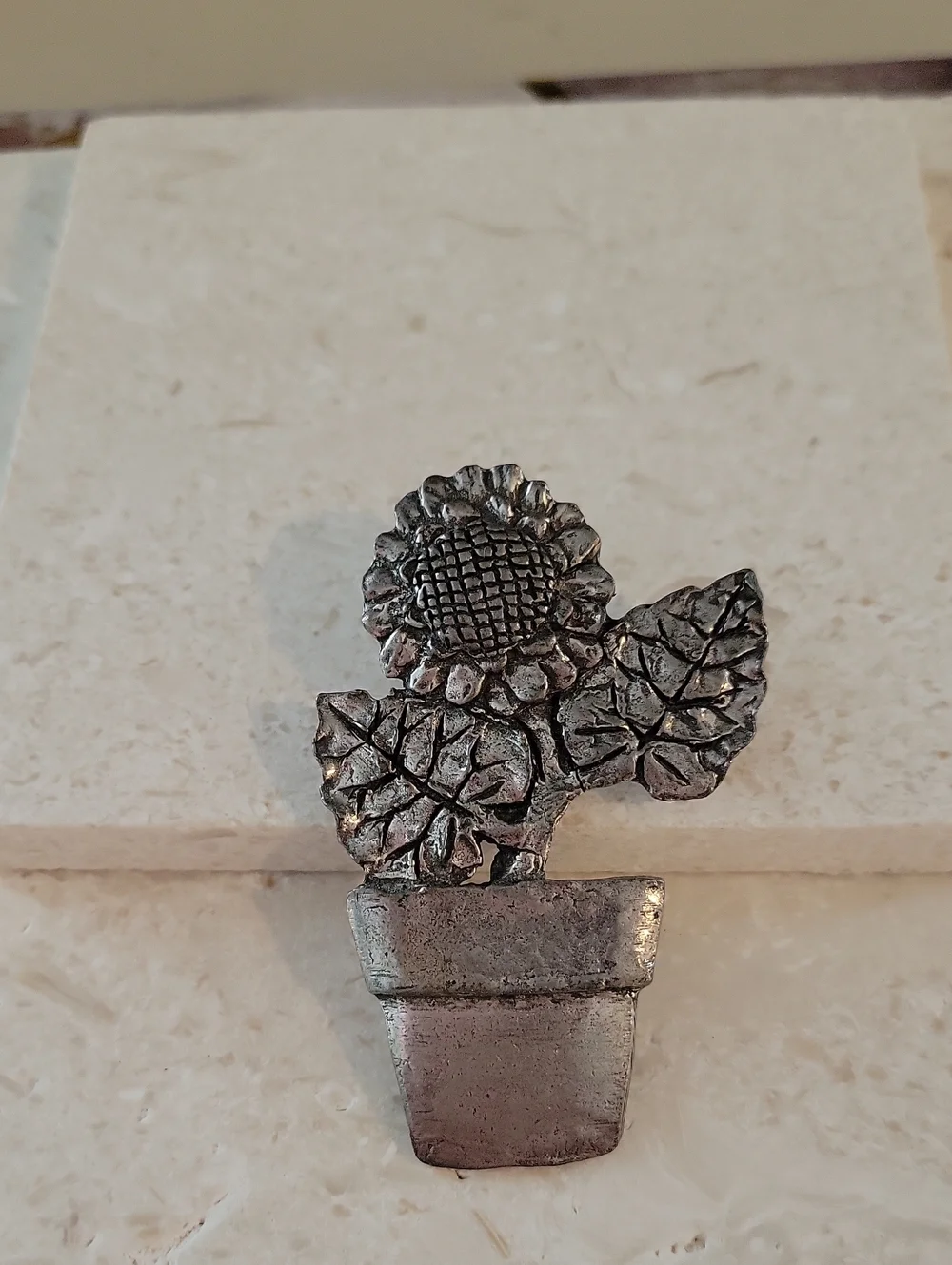 Sheridan Silver Sunflower Brooch Pin - Metal Floral Pot Accent